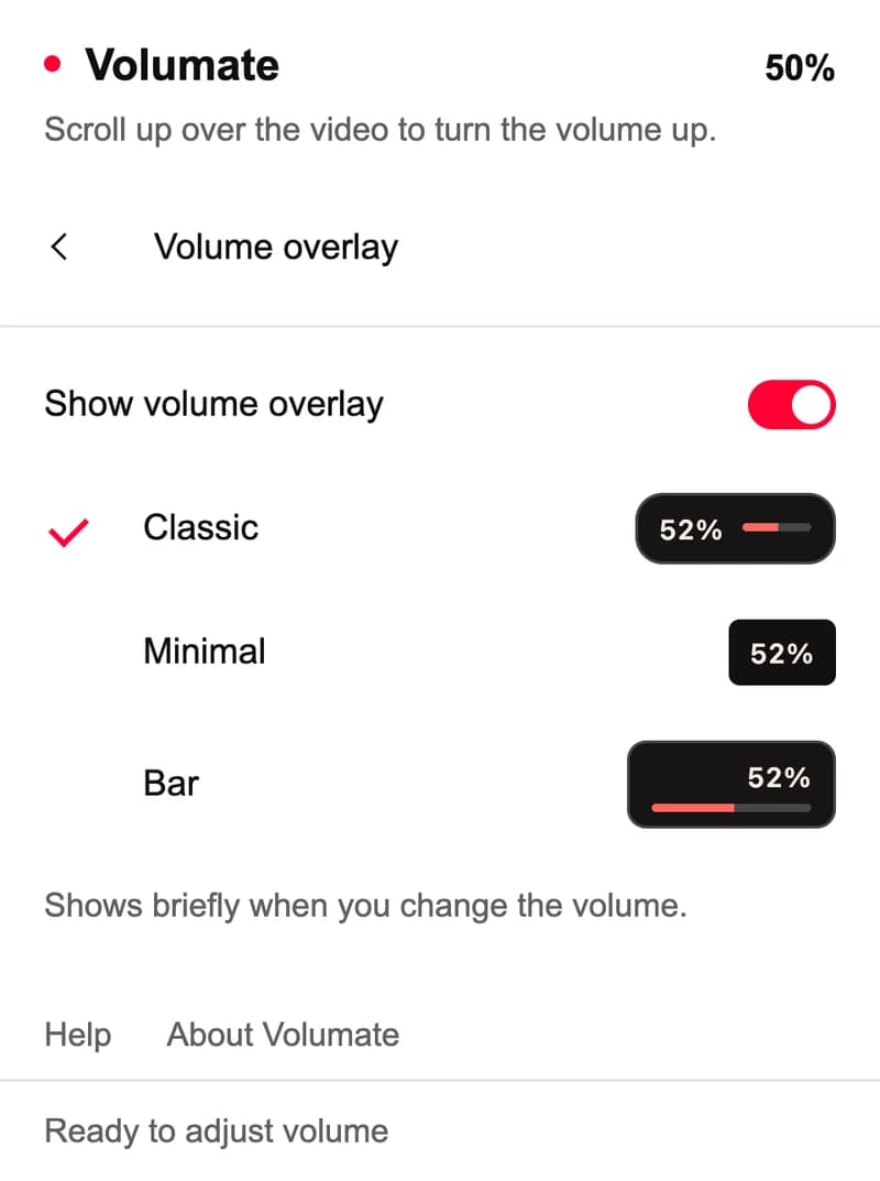 Volumate's actual overlay settings showing Classic, Minimal, and Bar volume indicators