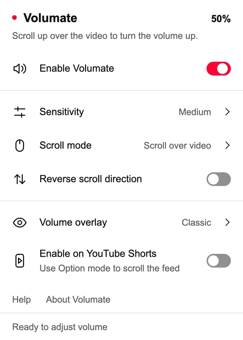 Volumate's actual toolbar popup with sensitivity, scroll mode, volume overlay, and optional Shorts settings