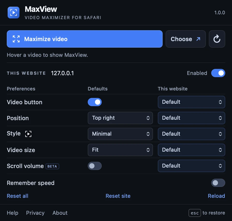 MaxView's actual toolbar popup with global defaults and website preferences side by side