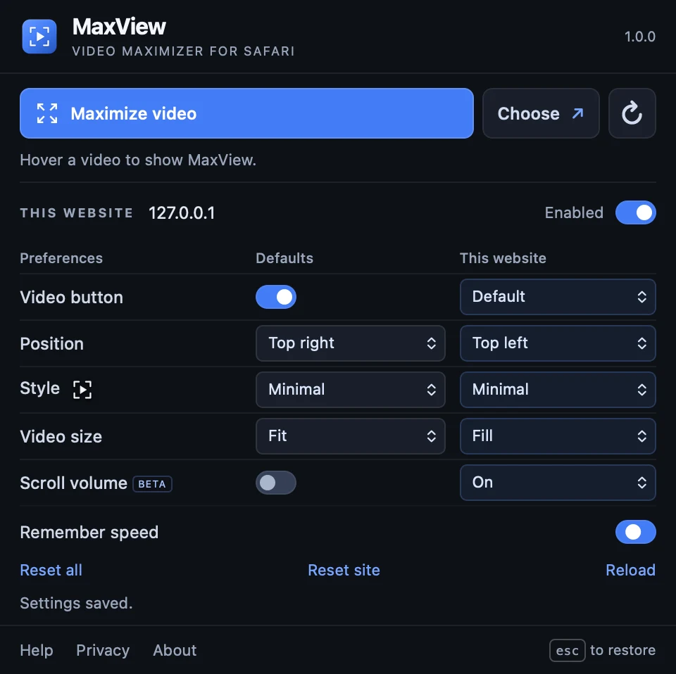MaxView website preferences for button position, Fit or Fill, experimental scroll volume, and remembered playback speed